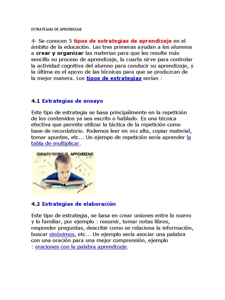 Tipos y ejemplos de estrategias de aprendizaje | PDF | Evaluación ...