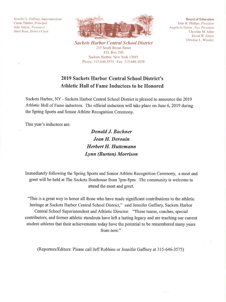 Sackets Harbor Central Athletic Hall of Fame 2019 PDF