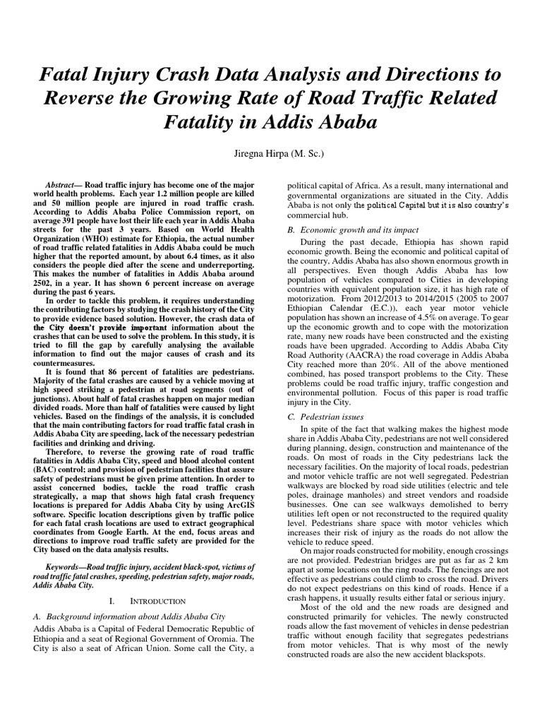 Fatal Crash Data Analysis To Reduce Road Deaths In Addis Ababa Pdf