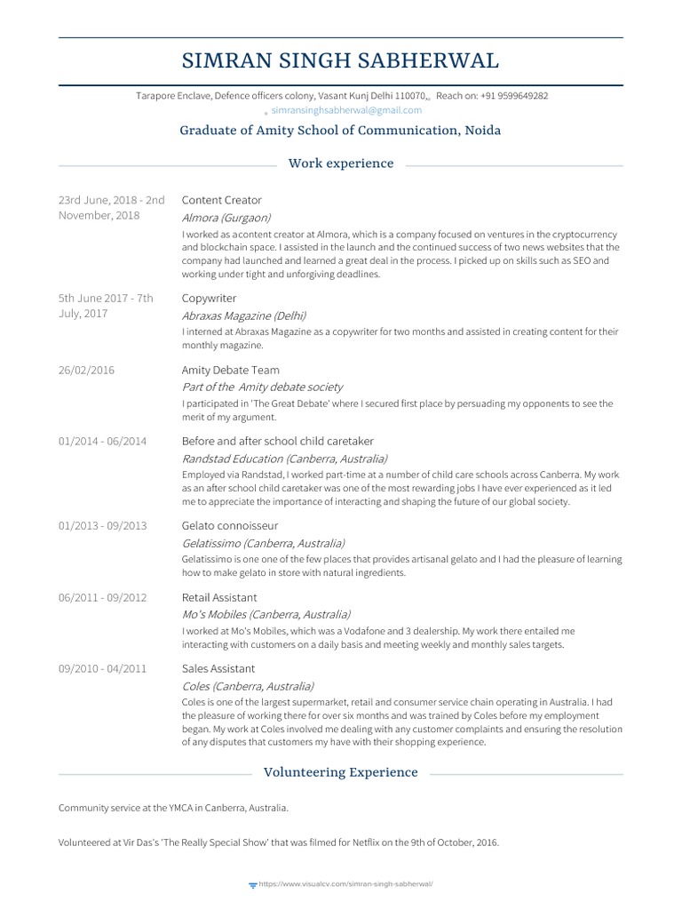 Simran Singh Sabherwal: Career Overview | PDF | Australia | Communication