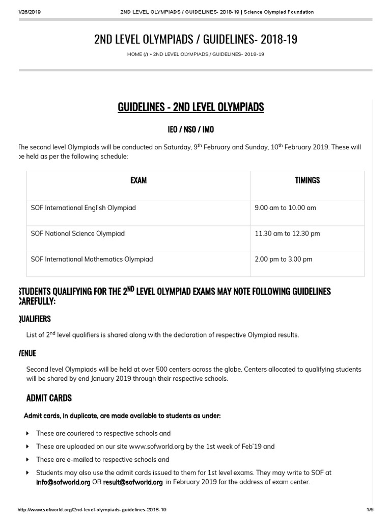2ND LEVEL OLYMPIADS - GUIDELINES - 2018-19 - Science Olympiad ...