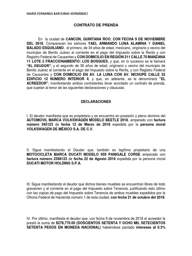 Contrato de Prenda Pagos Derecho privado