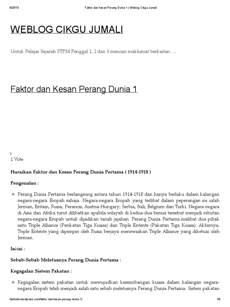 Faktor Dan Kesan Perang Dunia 1 Weblog Cikgu Jumali