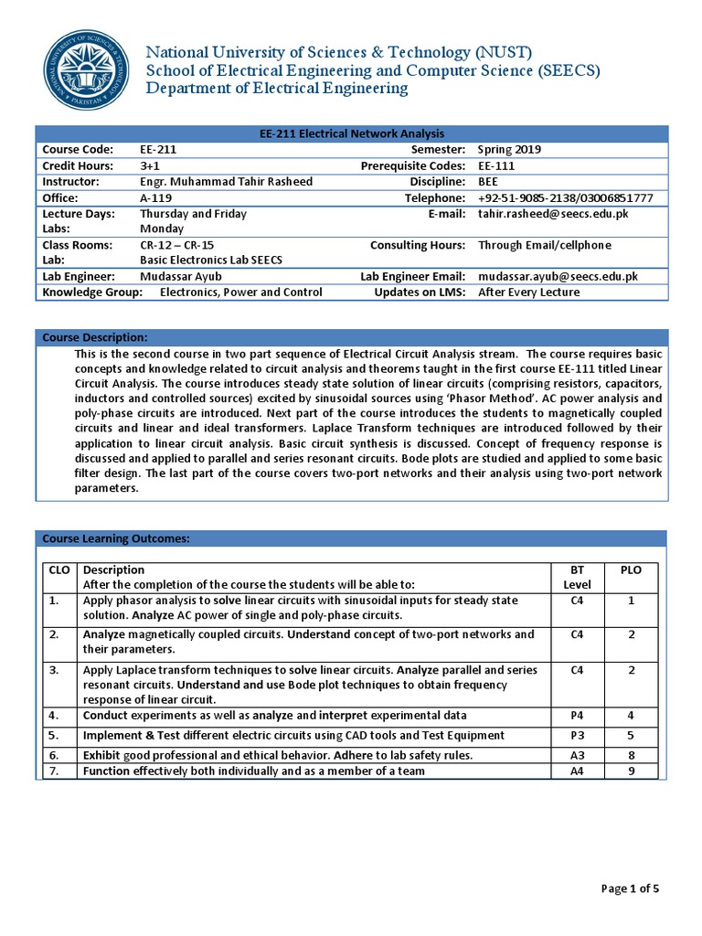 EE-211 Electrical Network Analysis Course | PDF | Network Analysis ...