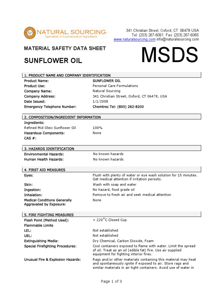 MSDS Sunflower Oil PDF Carbon Dioxide Water