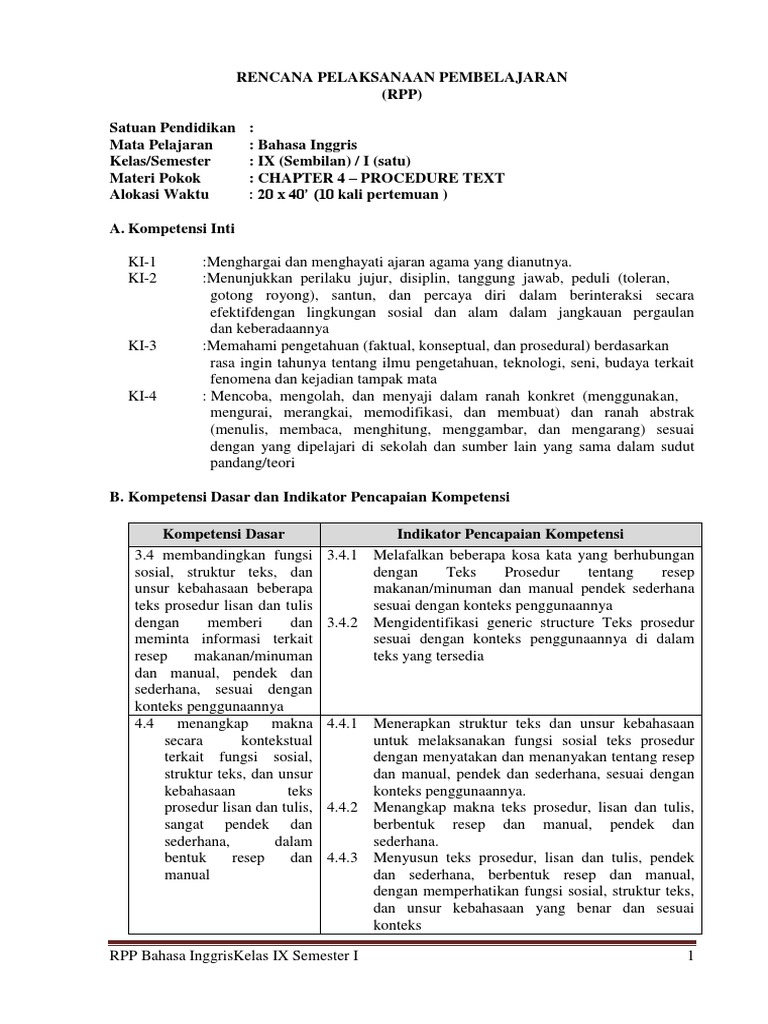 4. RPP Bahasa Inggris Kelas 9 SMPMTs Semester 1 Materi PROCEDURE TEXT