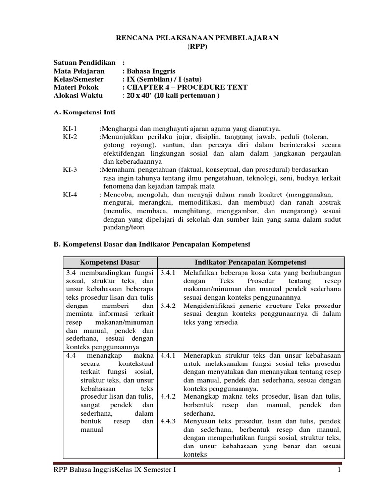 4 Rpp Bahasa Inggris Kelas 9 Smp Mts Semester 1 Materi Procedure Text