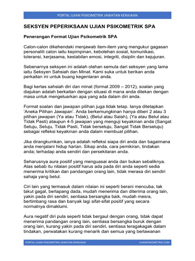 Contoh Soalan Ujian Psikometrik Spa Jawatan Kerajaan Dengan Jawapan Pdf