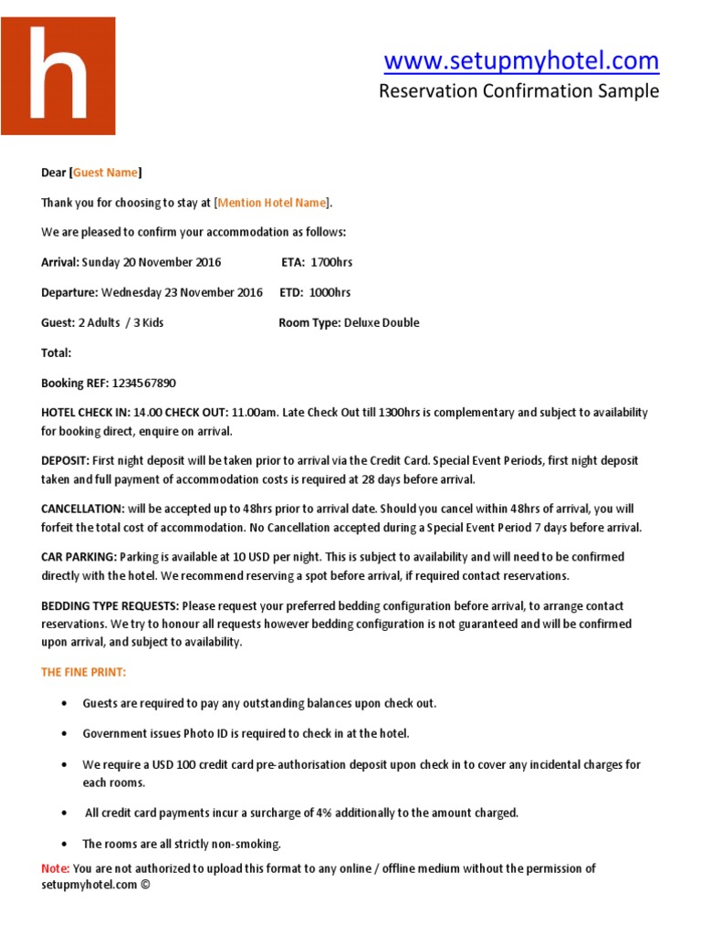 Hotel Reservation Confirmation Sample | PDF | Credit Card | Banking