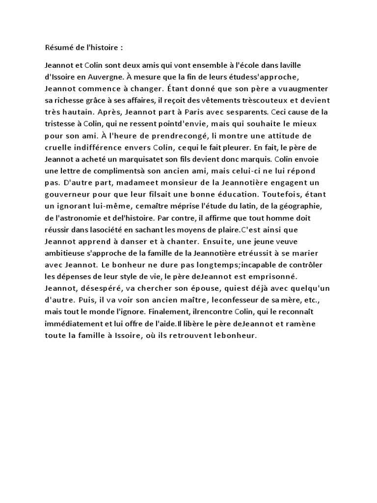 Jeannot Et Colin Résumé Par Chapitre