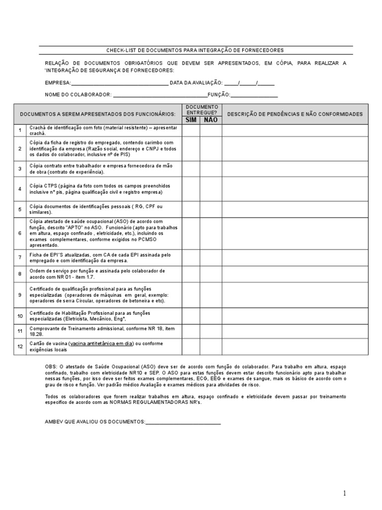Check-list para Integração de Fornecedores | PDF | Bem-estar | Médico