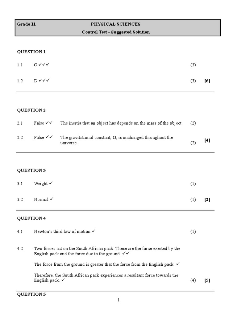 Term 1 Test Answers | PDF | Inertia | Force