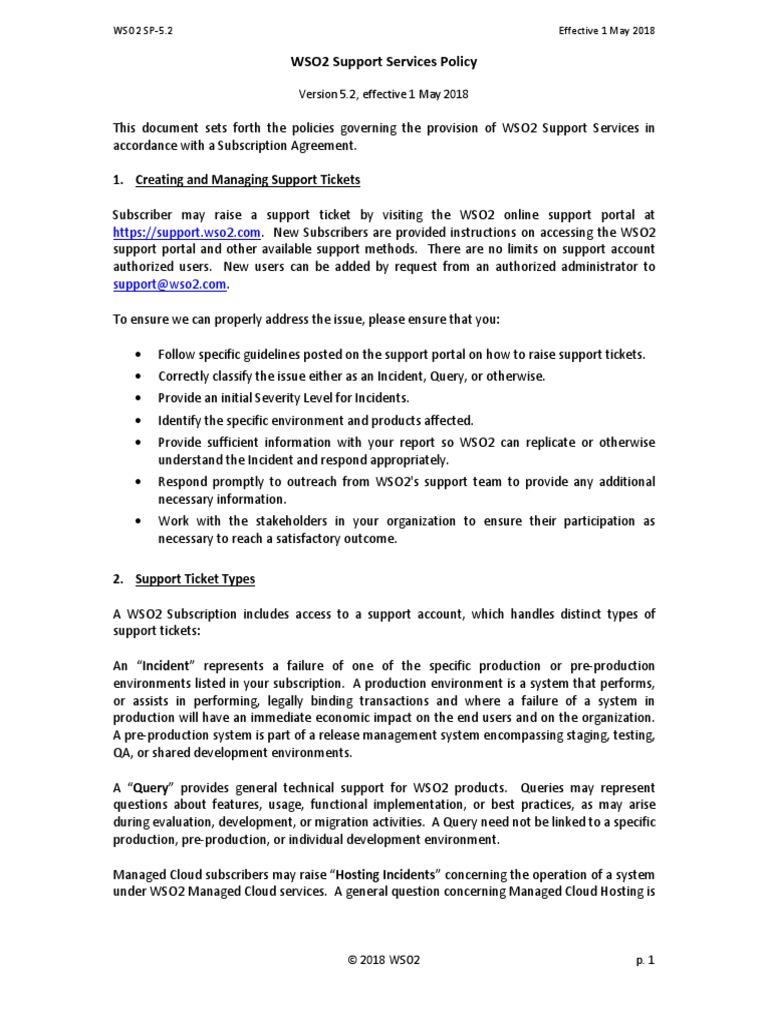 WSO2 Support Services Policy 5.2 | PDF | Subscription Business Model ...