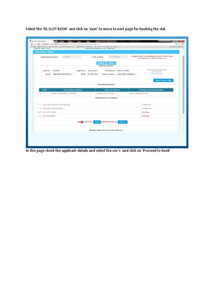 Select The DL SLOT BOOK' and Click On Next' To Move To Next Page For ...