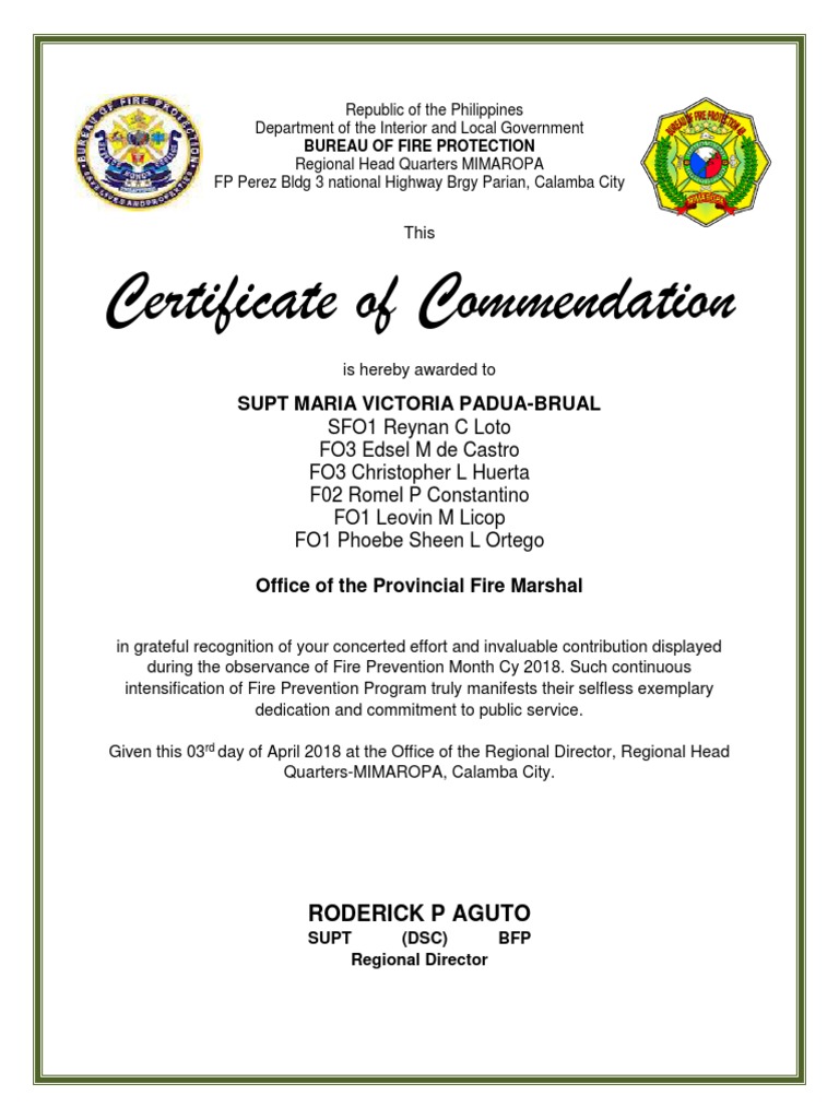 Certificate of Commendation Fire Olympics