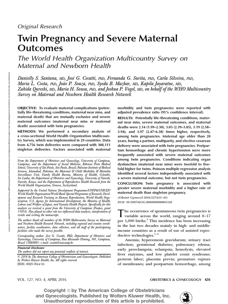 Twin Pregnancy and Severe Maternal Outcomes The.3 | PDF | Maternal ...