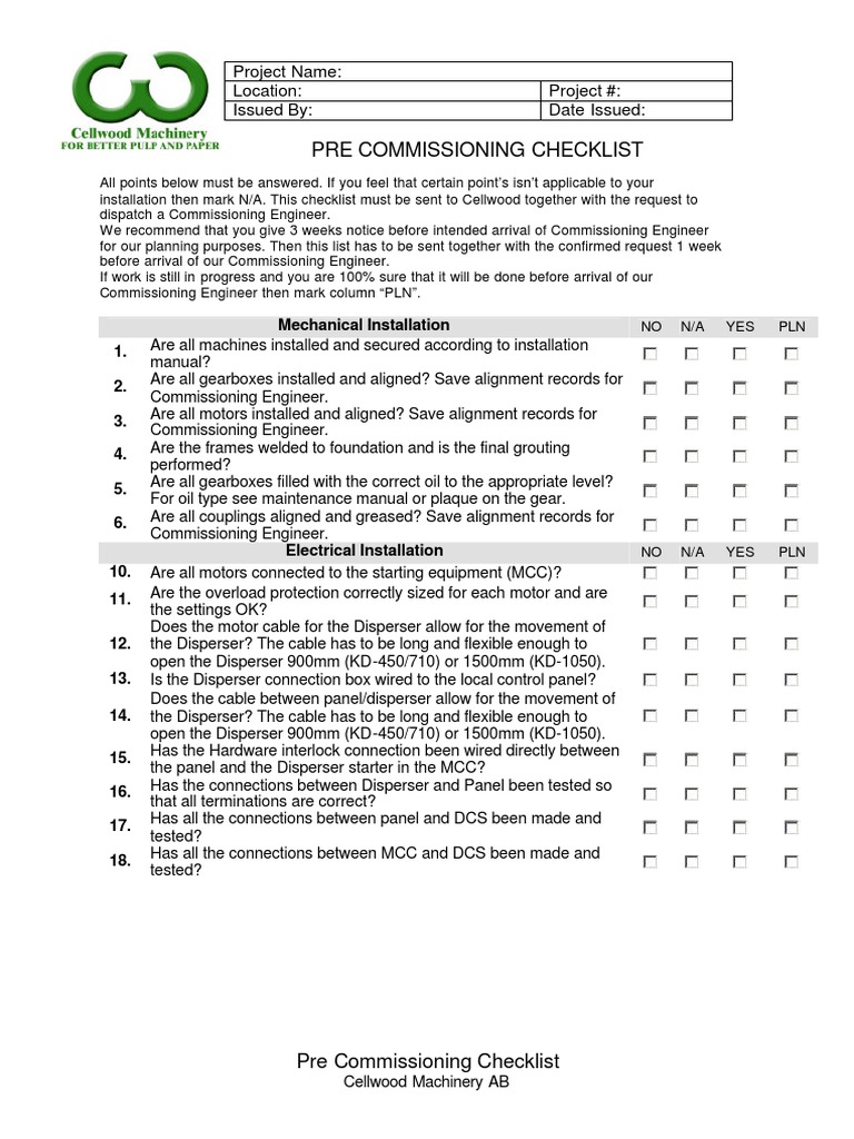 Cellwood Pre-Commissioning Checklist | PDF | Transmission (Mechanics ...