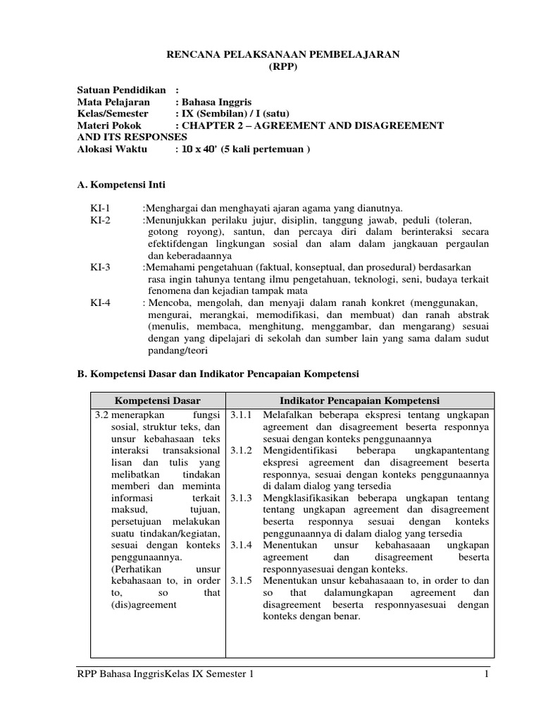 2 Rpp Bahasa Inggris Kelas 9 Smp Mts Semester 1 Materi Agreement And Disagreement