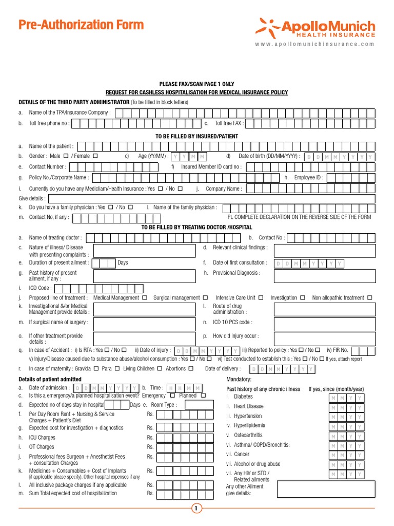 Cashless Hospitalization Pre-Authorization Form | PDF | Hospital | Patient