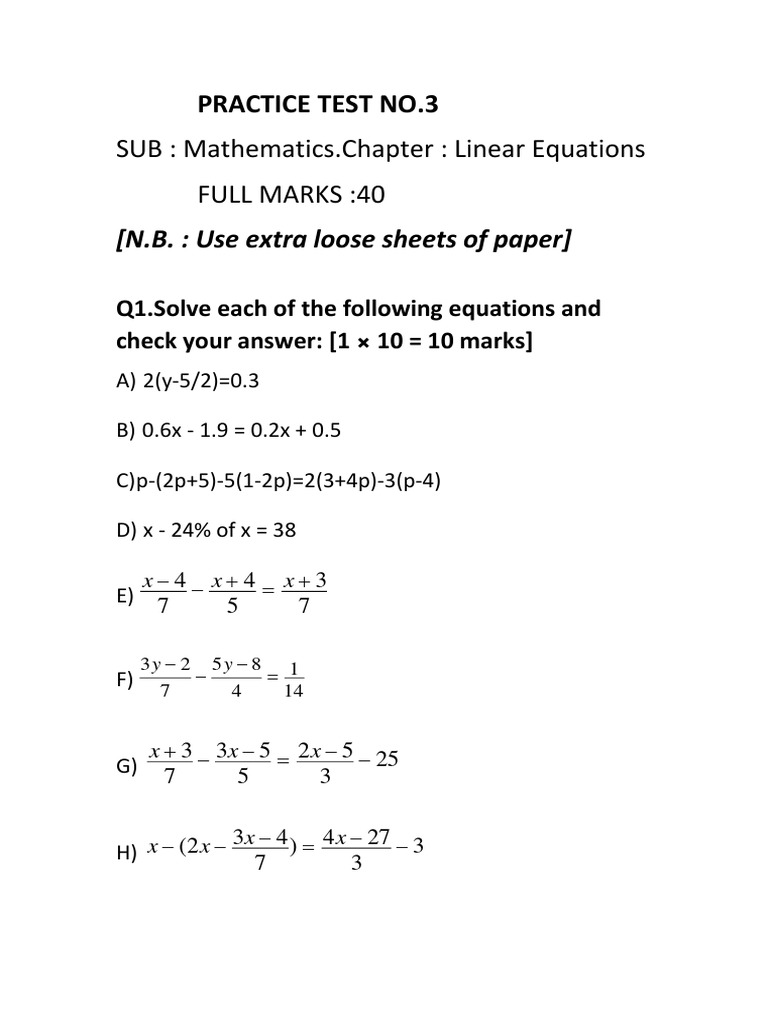ICSE Linear Equations Class 7 Practice Test PDF