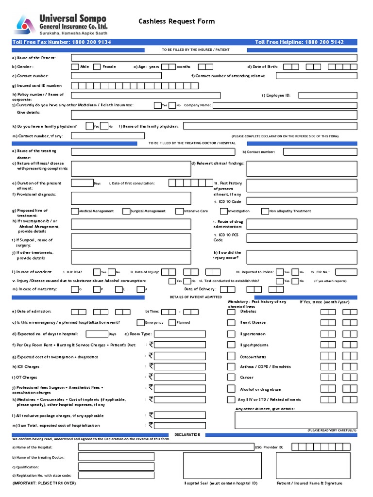 Universal Sompo Cashless Request Form PDF Hospital Patient