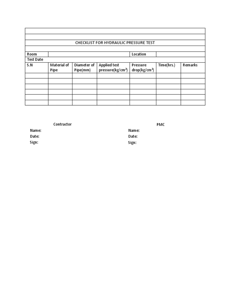 Checklist For Hydraulic Pressure Test PDF