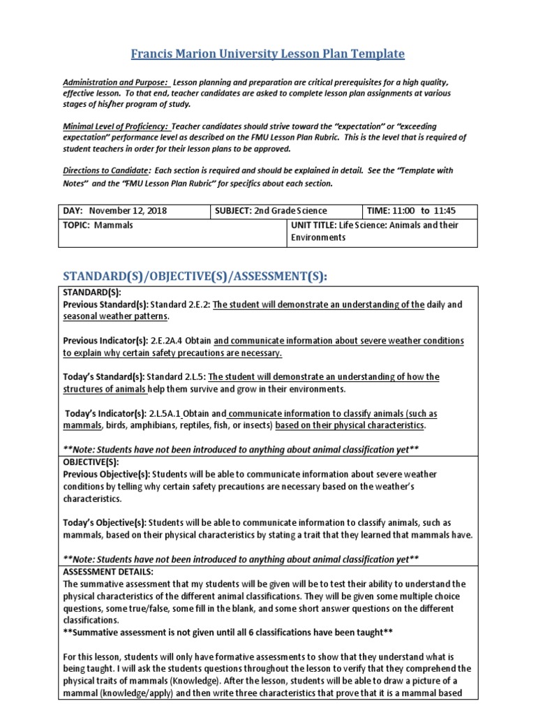 Mammals Lesson Plan-1 | PDF | Educational Assessment | Lesson Plan