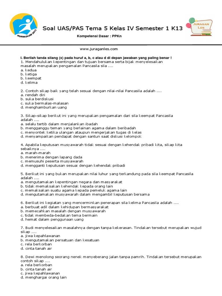 Soal Uas Pas Tema 5 Ppkn Kelas 4 Semester 1 1
