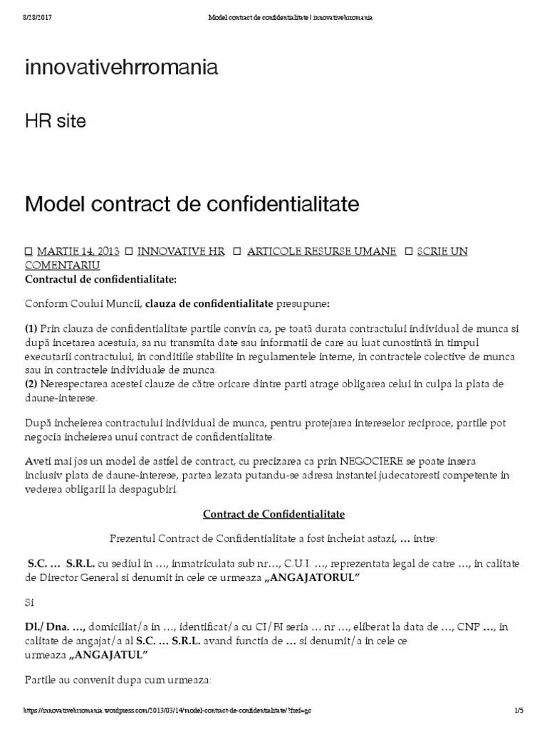 8 28 2017 Model Contract De Conï¬dentialitate