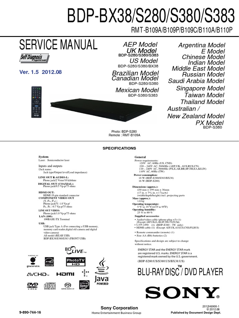Manual Bluray Sony p Bx38 p S280 p S380 p S3 Media Technology Digital Technology