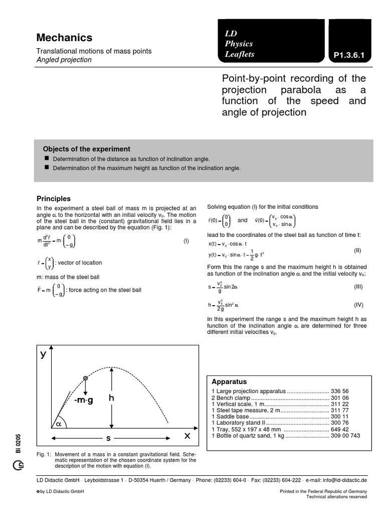 Mechanics: Point-By-Point Recording of The Projection Parabola As A ...