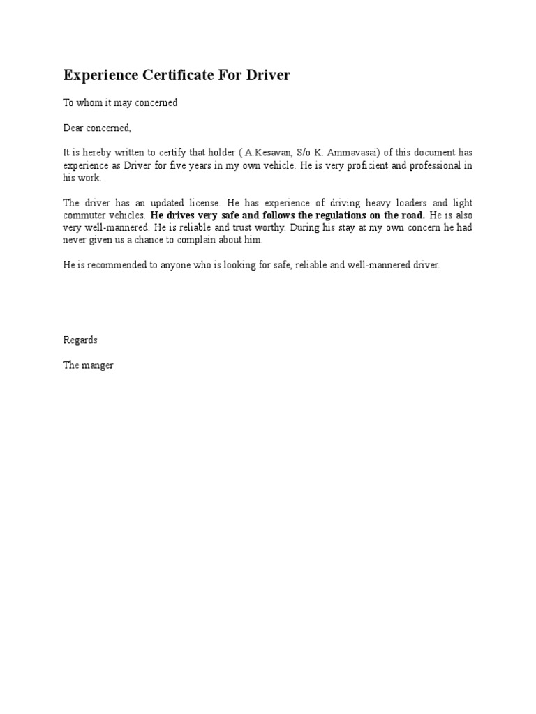 Bus driver experience certificate