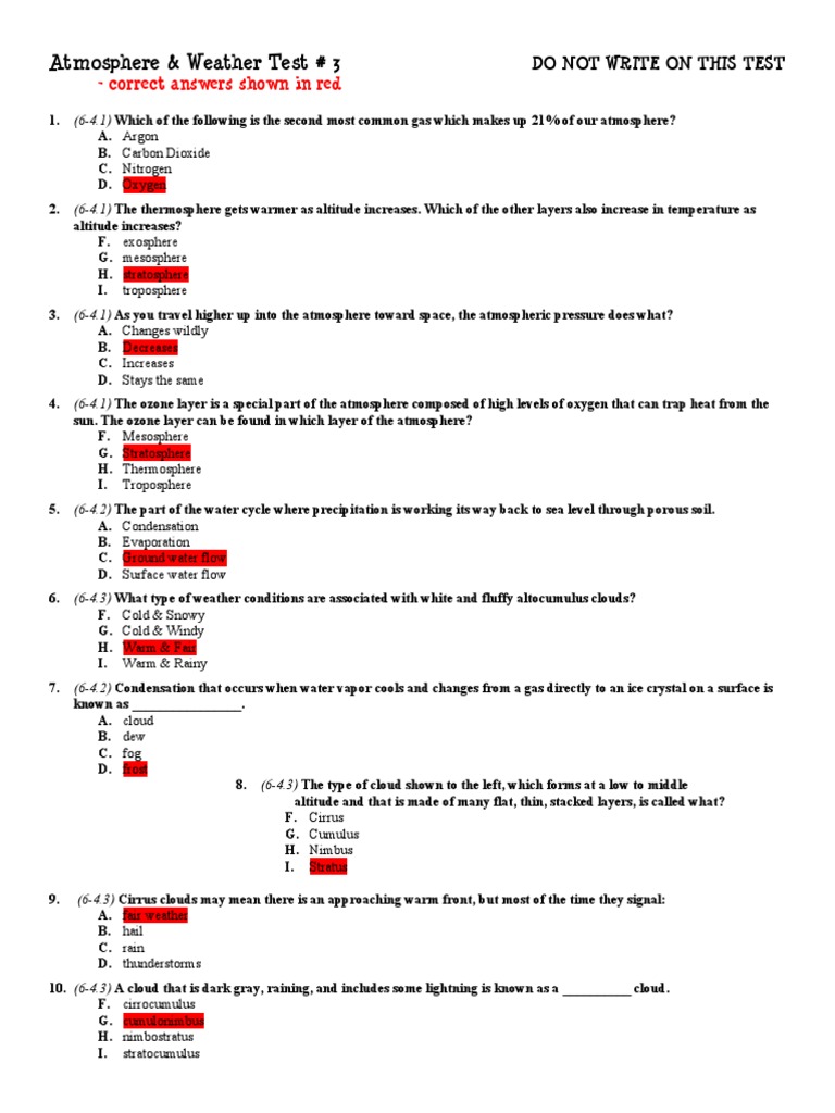 Atmosphere & Weather Test # 3: - Correct Answers Shown in Red | PDF ...
