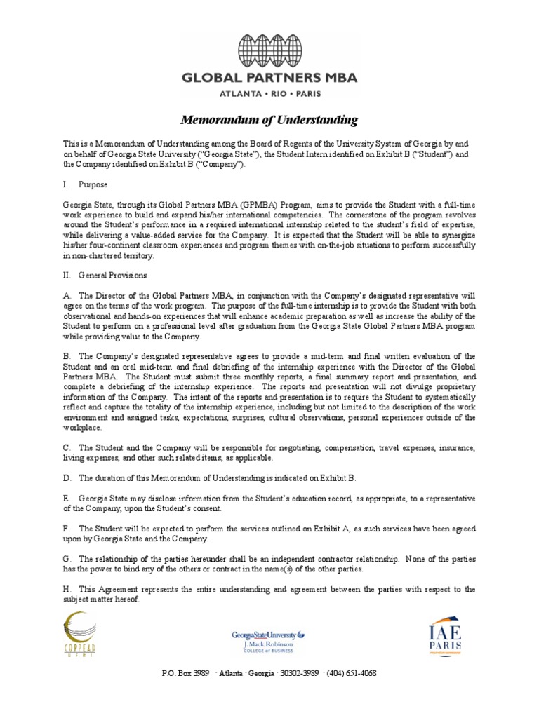 Gsu Company Internship Mou Pdf Internship Job Hunting