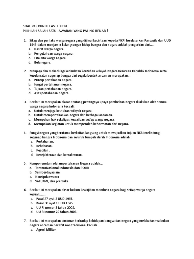 Naskah Soal Pkn Kls Ix 2018