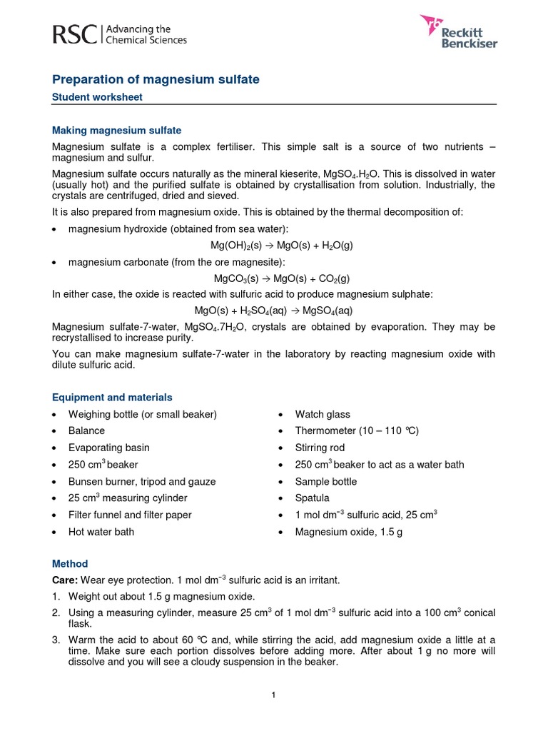 Magnesium Sulfate Preparation Guide | PDF | Magnesium | Sulfuric Acid