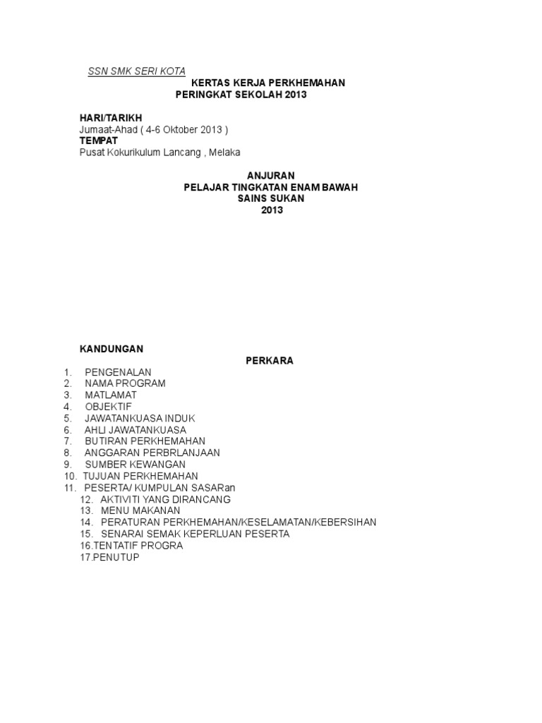 Contoh Kertas Kerja Perkhemahan Universiti