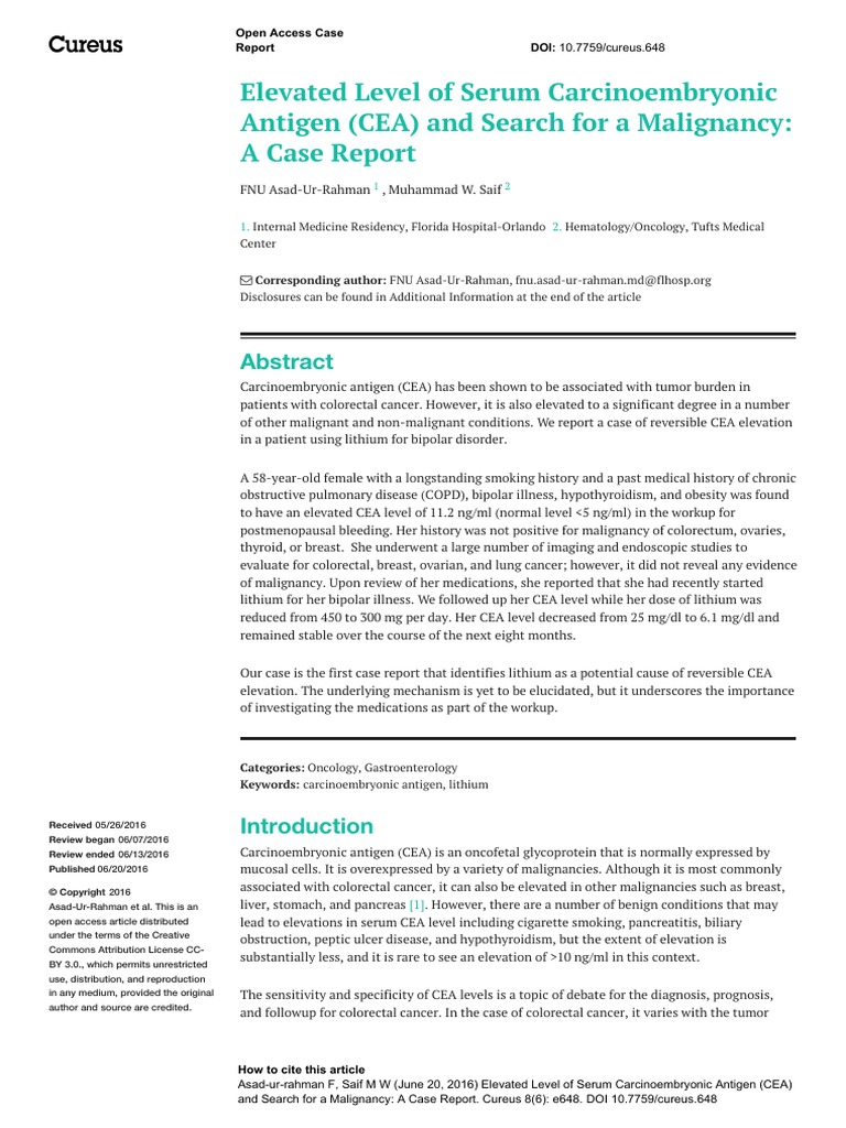 Elevated Level of Serum Carcinoembryonic Antigen (CEA) and Search For A