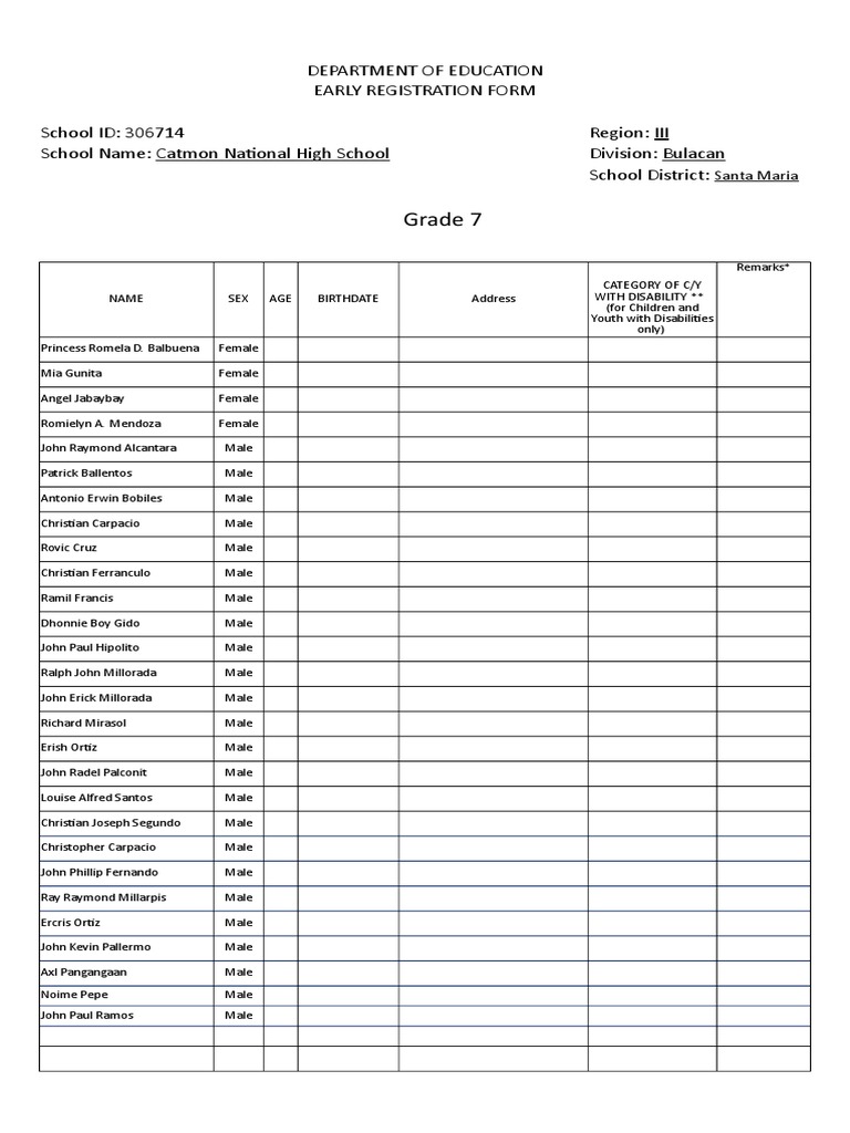 Grade 7 Early Registration Form | PDF