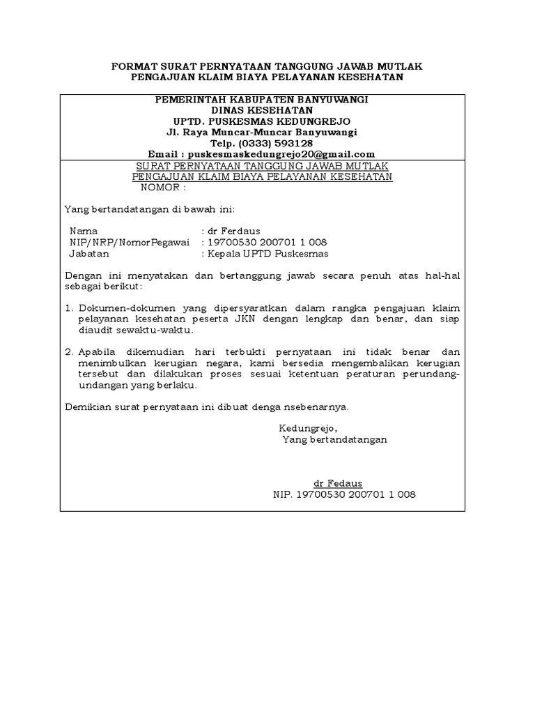 Format Surat Pernyataan Tanggung Jawab Mutlak