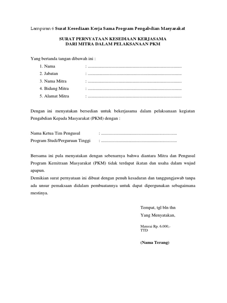 Lampiran 6 Surat Kesediaan Kerja Sama Program Pengabdian Masyarakat