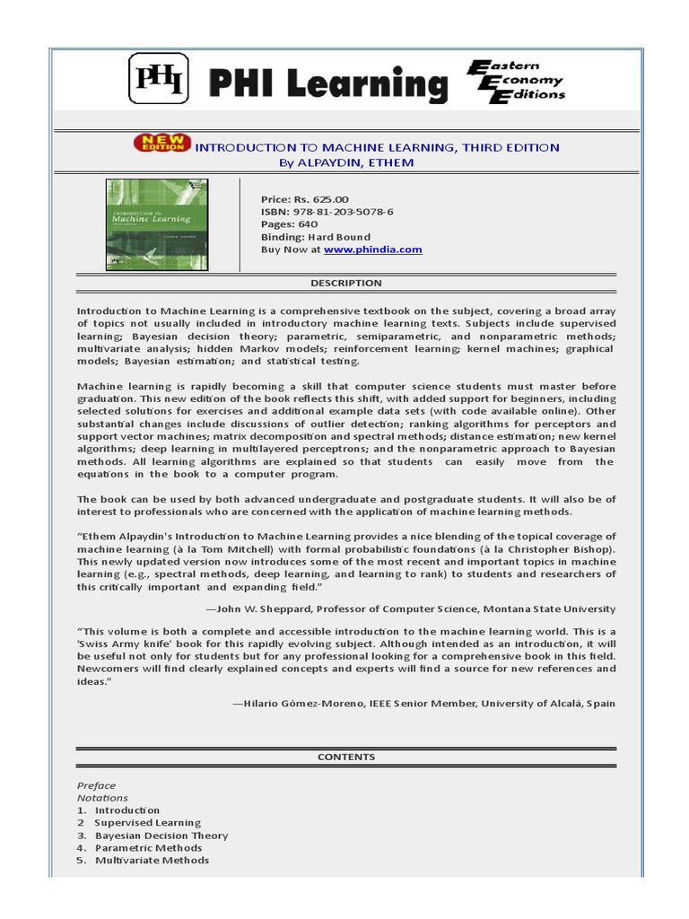 Introduction to machine learning third edition by alpaydin ethem