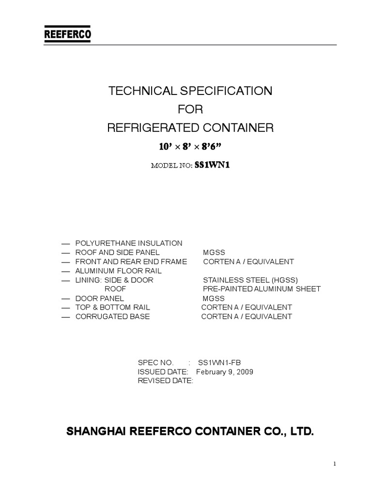 Technical Specification FOR Refrigerated Container: Mgss Reefer | PDF ...