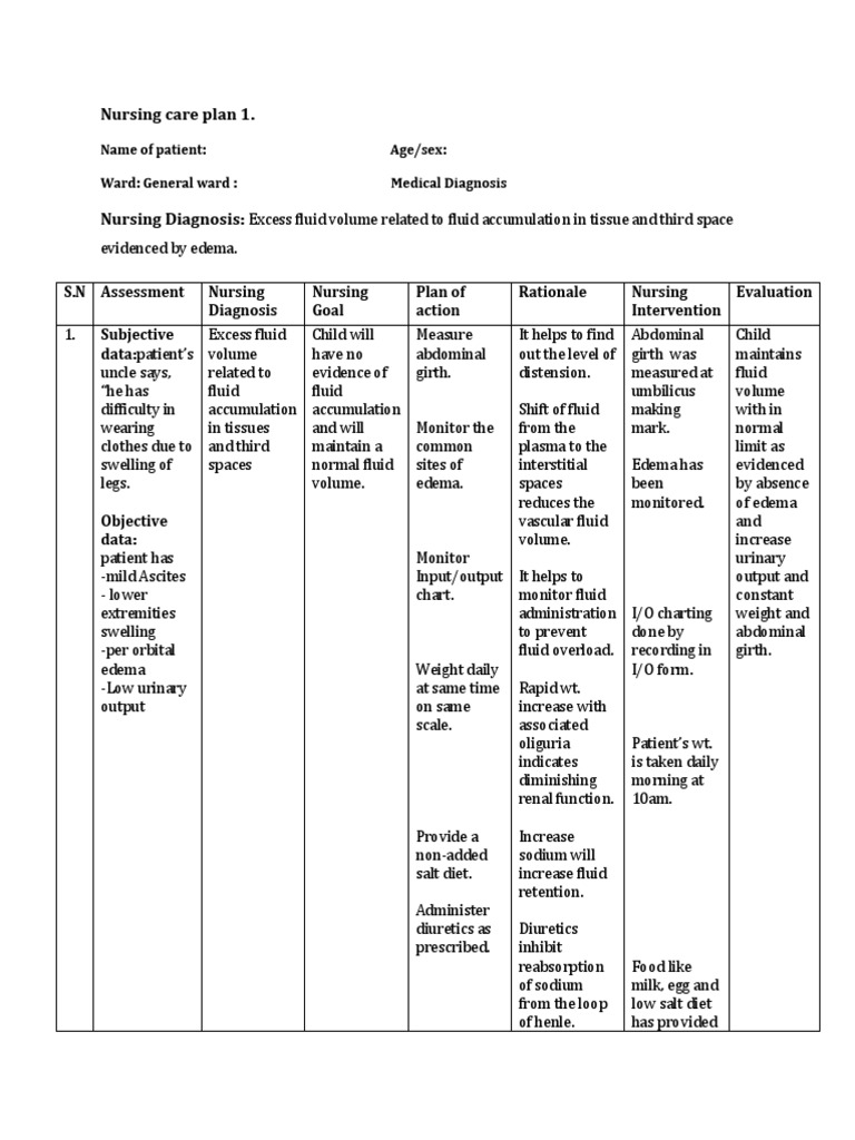 Nursing Care Plan 1 | PDF | Edema | Medical Specialties