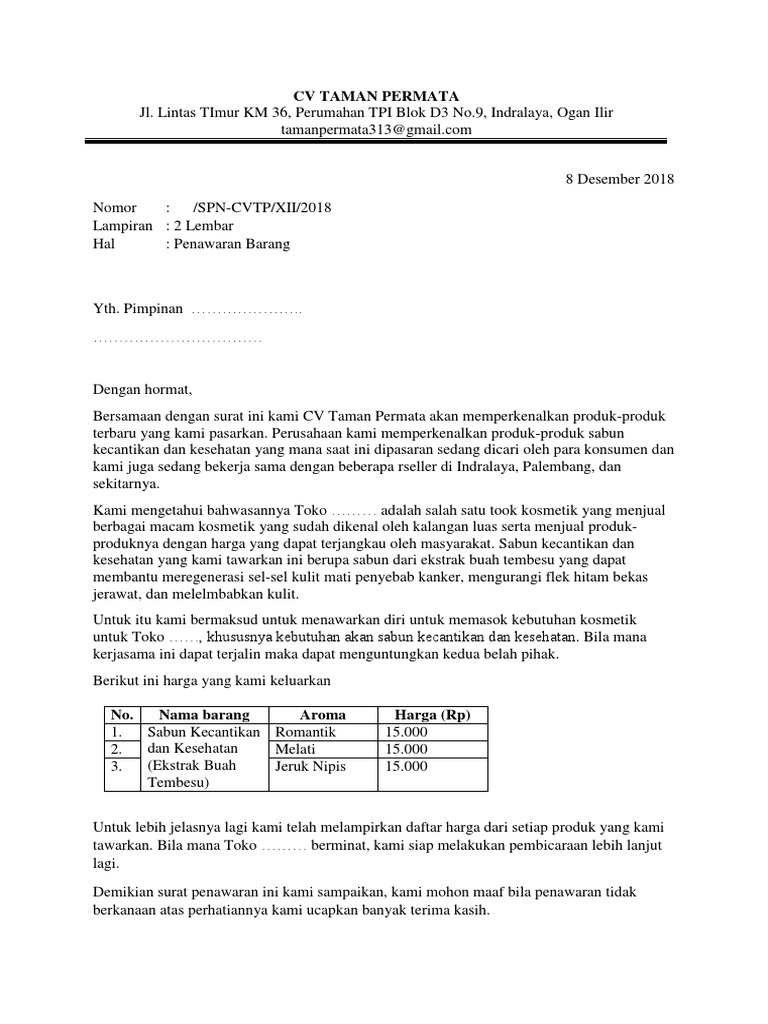 Contoh Surat Penawaran Barang Pdf