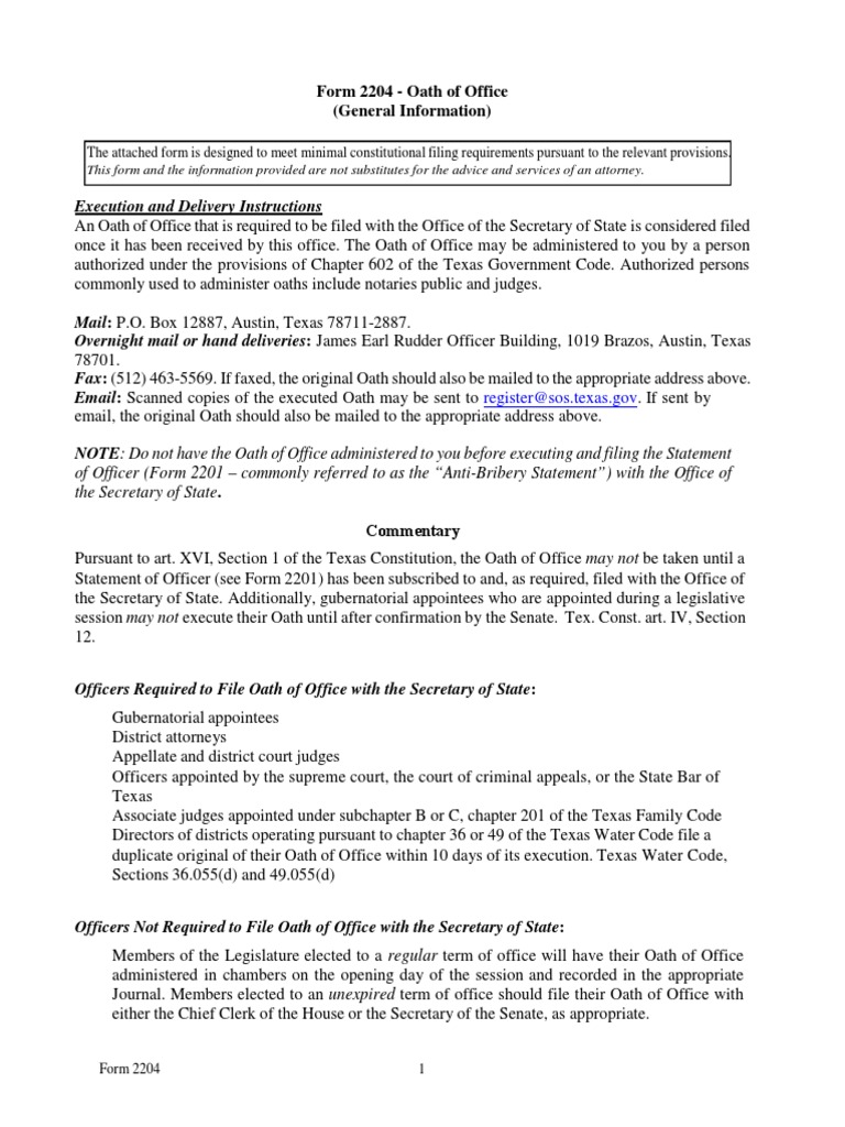Form 2204 - Oath of Office (General Information) | PDF | Oath Of Office ...
