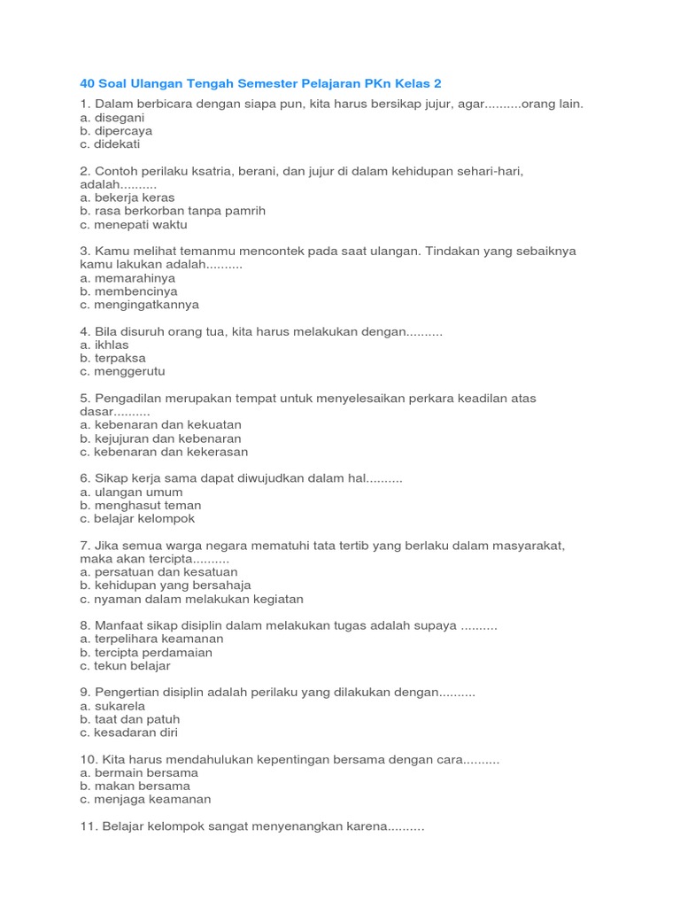Pkn Kls 2 Uts Semester 2 Kejujuran Dan Disiplin