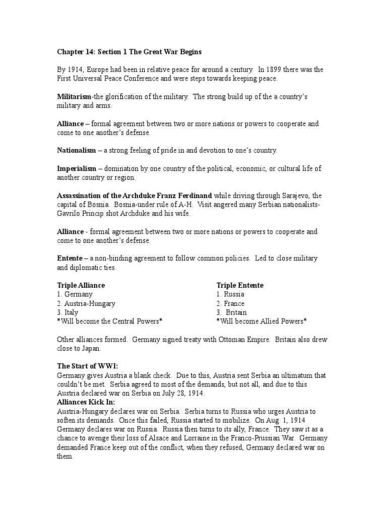 Chapter 14 Section 1 Notes | PDF | Allies Of World War I | Austria Hungary