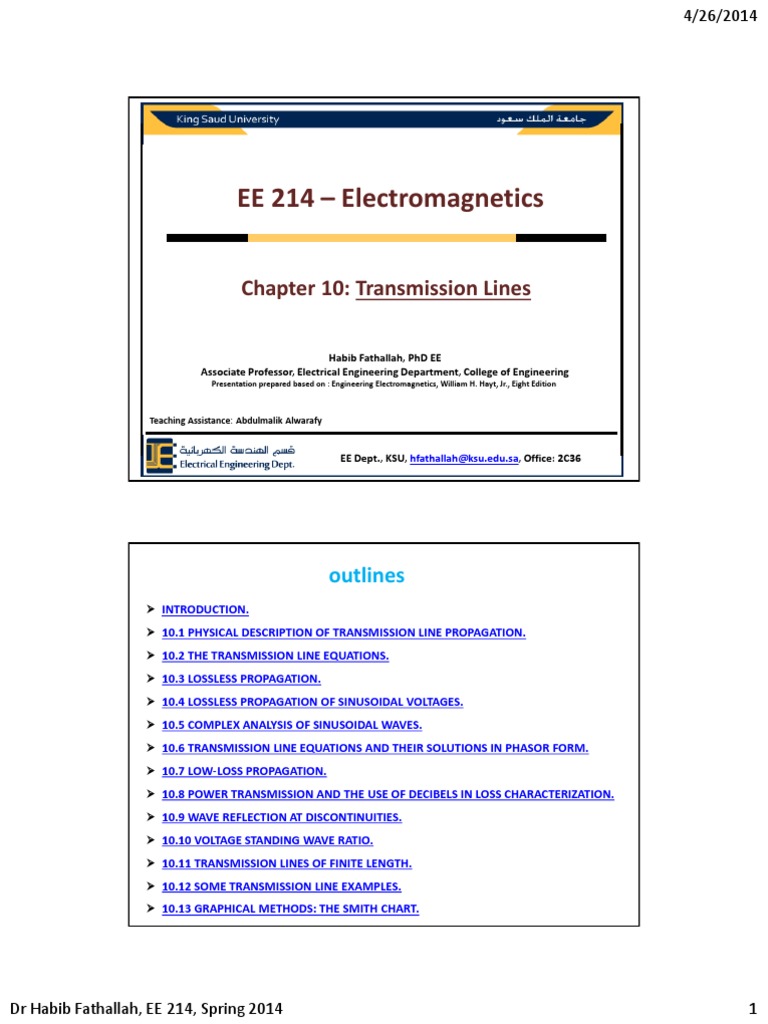 Ee 214 Electromagnetics Chapter 10 Transmission Lines Pdf