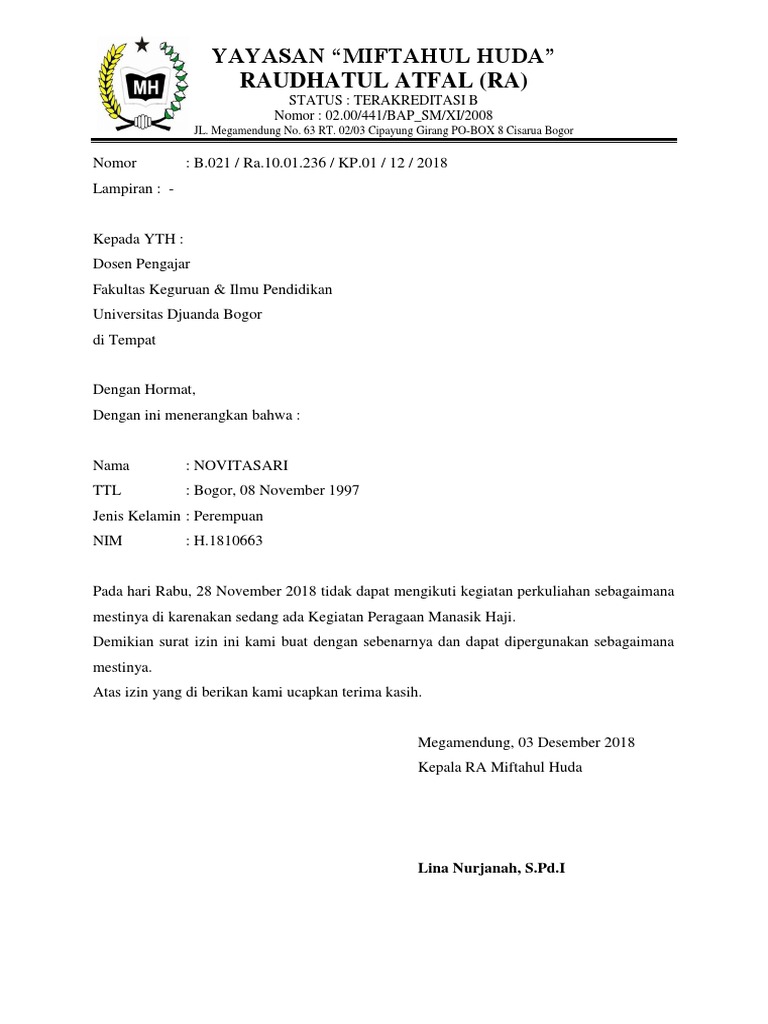 Contoh Surat Izin Tidak Masuk Kuliah